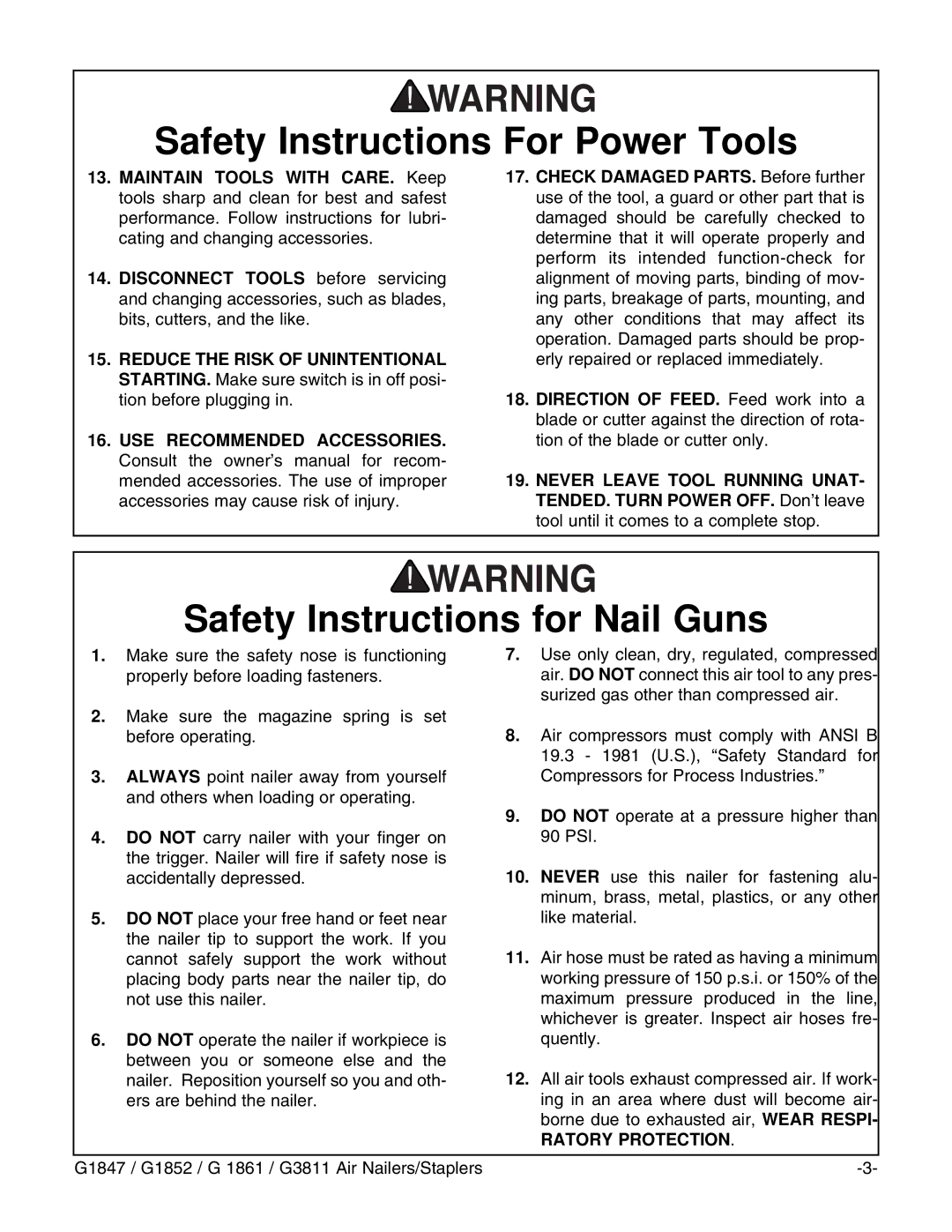 Grizzly G1861, G1852, G3811 instruction manual Safety Instructions for Nail Guns 