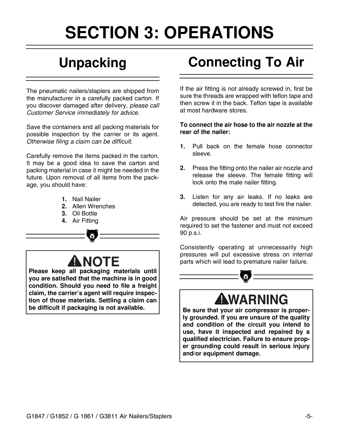 Grizzly G1852, G1861, G3811 instruction manual Operations, Unpacking Connecting To Air 