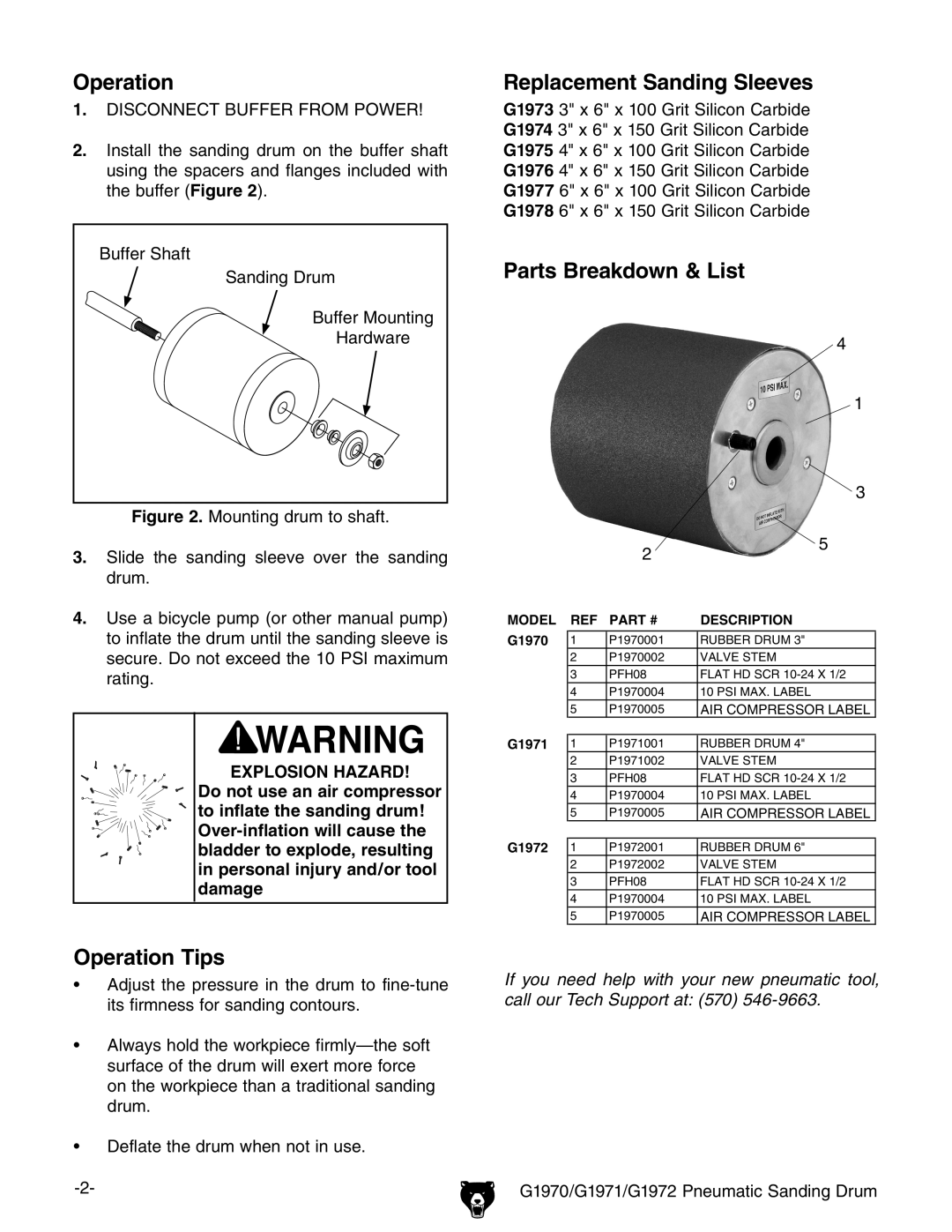 Grizzly G1970 manual Operation Replacement Sanding Sleeves, Operation Tips, Parts Breakdown & List, Model Description 