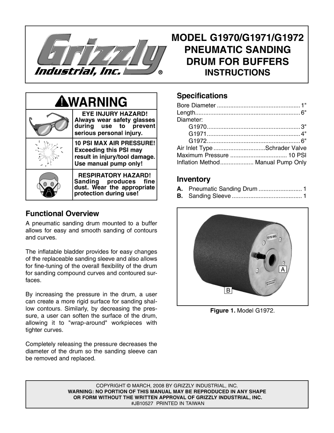 Grizzly G1870, G1971, G1972 specifications Specifications, Inventory, Functional Overview 