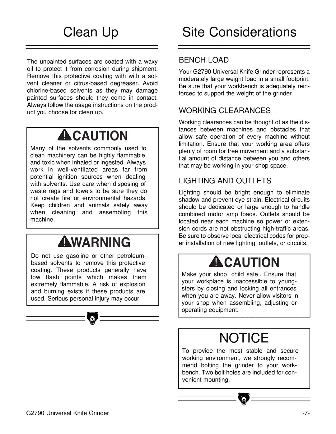 Grizzly G2790 instruction manual Clean Up, Site Considerations 