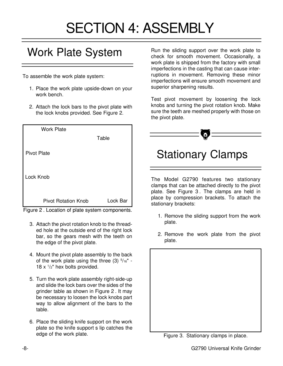 Grizzly G2790 instruction manual Assembly, Work Plate System, Stationary Clamps 