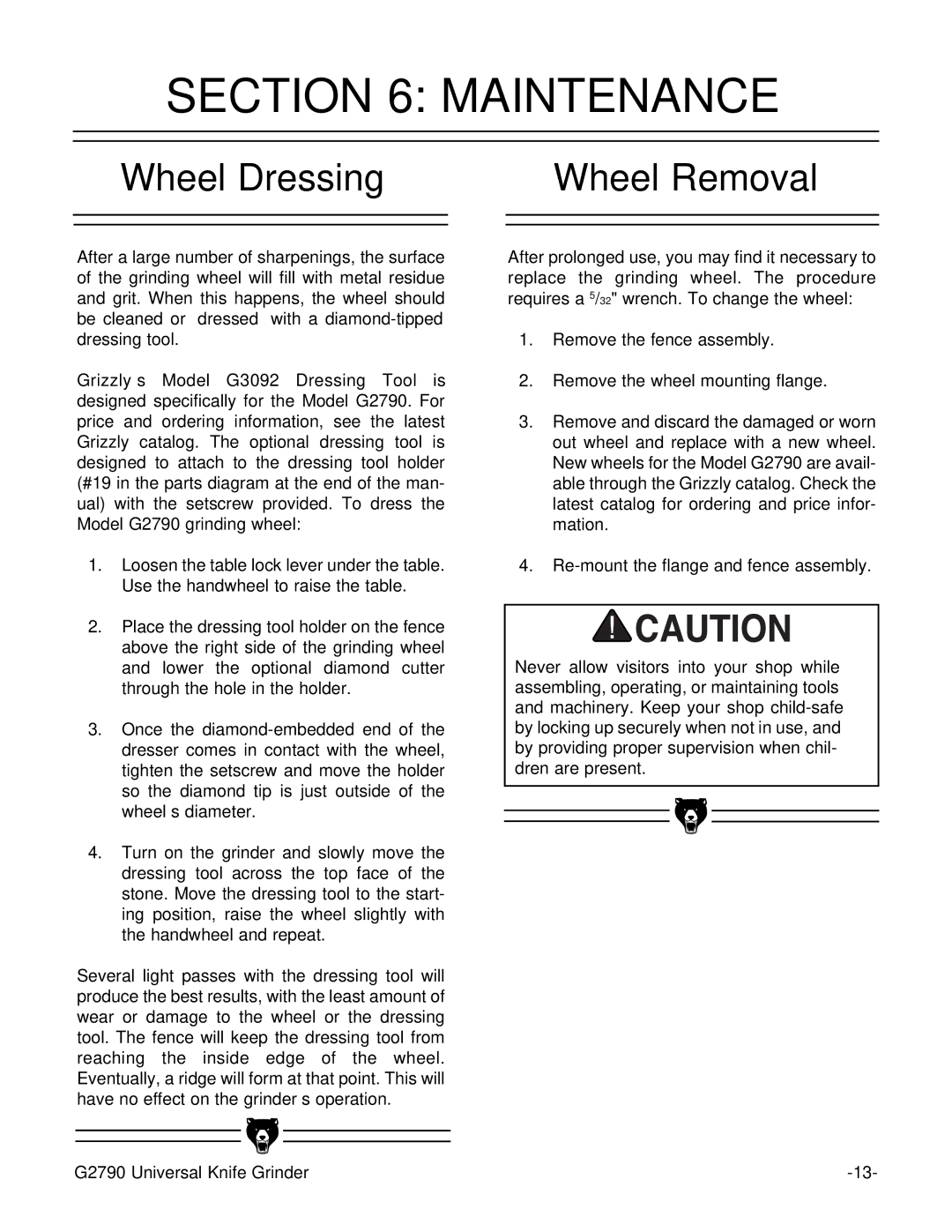 Grizzly G2790 instruction manual Maintenance, Wheel Dressing, Wheel Removal 