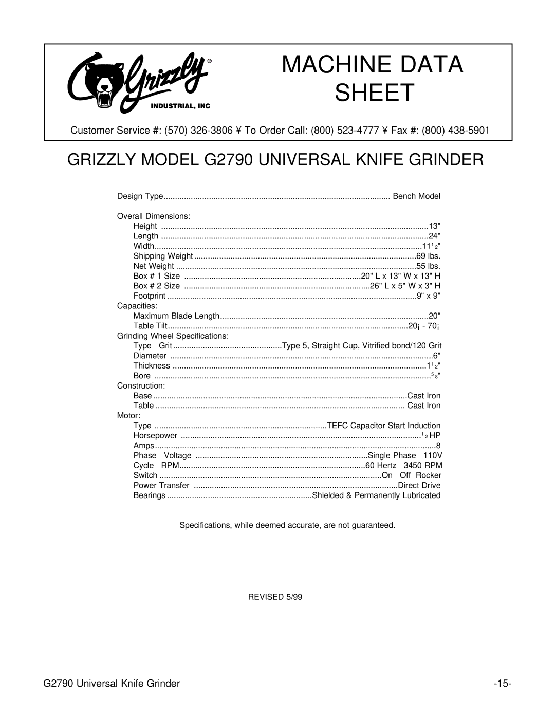 Grizzly G2790 instruction manual Machine Data Sheet 