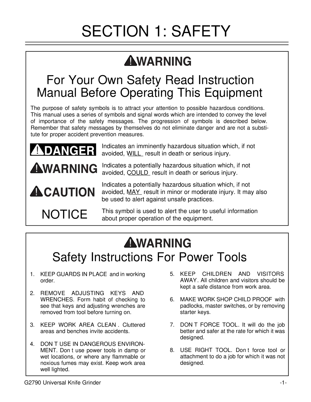 Grizzly G2790 instruction manual Safety Instructions For Power Tools 