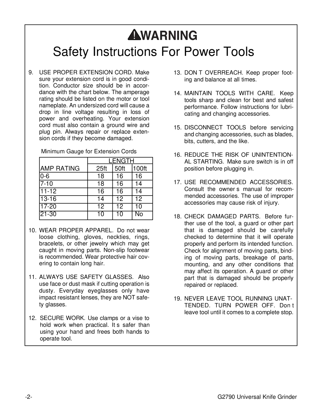 Grizzly G2790 instruction manual Length AMP Rating 