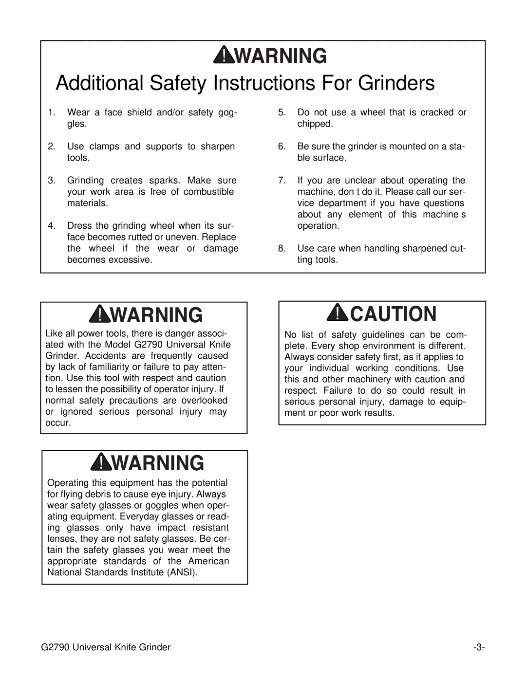 Grizzly G2790 instruction manual Additional Safety Instructions For Grinders 