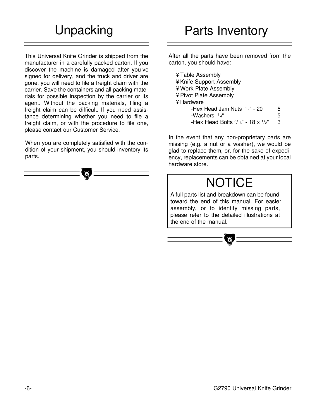 Grizzly G2790 instruction manual Unpacking, Parts Inventory 