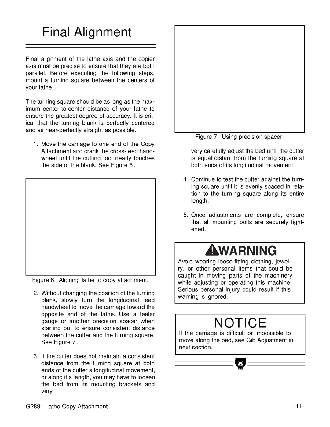 Grizzly G2891 instruction manual Final Alignment 