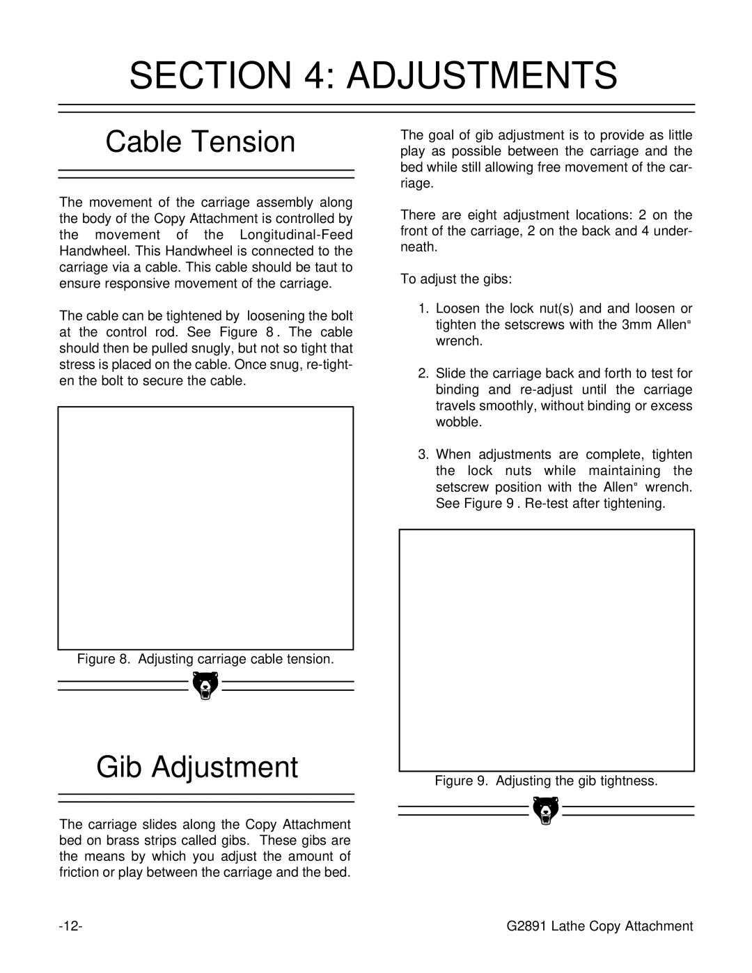 Grizzly G2891 instruction manual Adjustments, Cable Tension, Gib Adjustment 