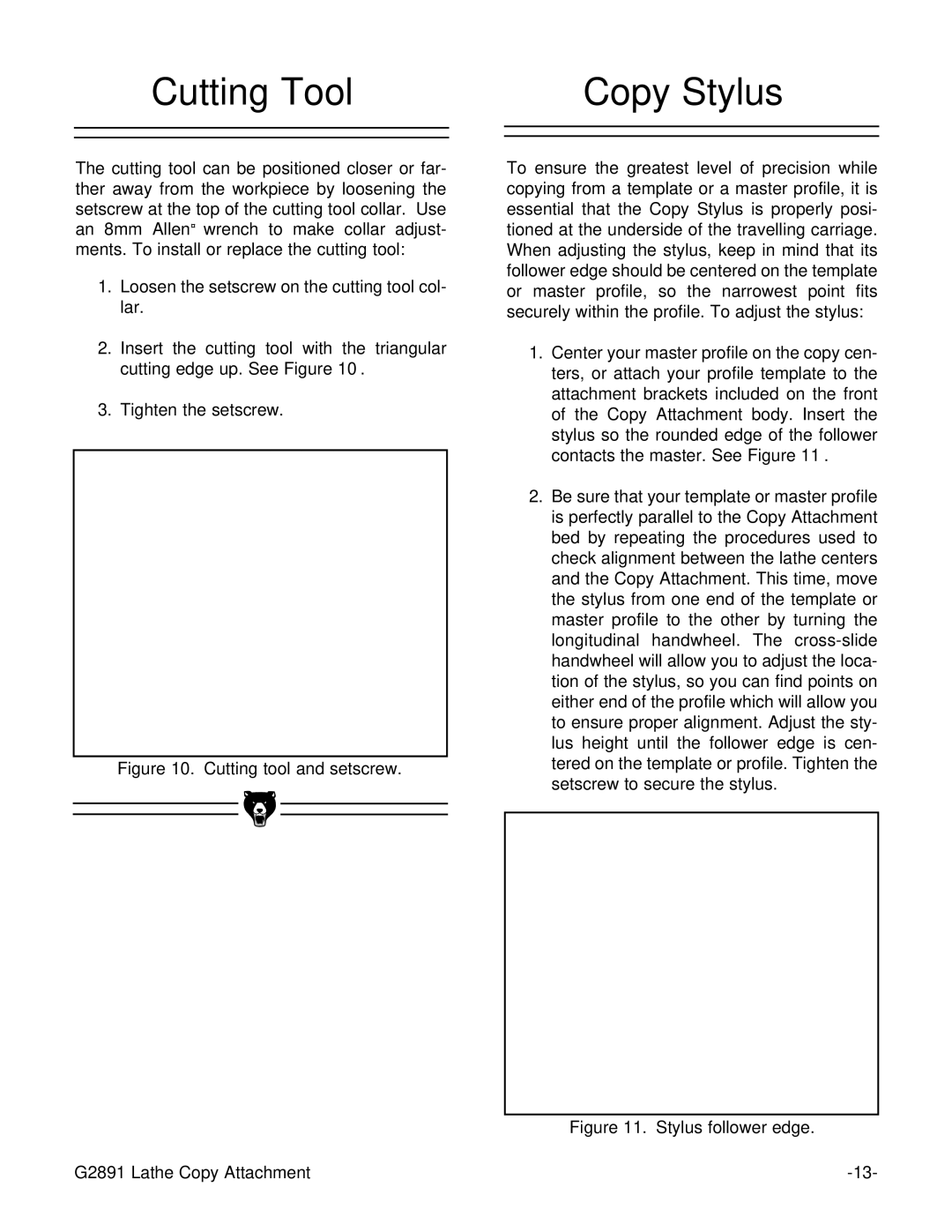 Grizzly instruction manual Cutting Tool Copy Stylus, Stylus follower edge G2891 Lathe Copy Attachment 