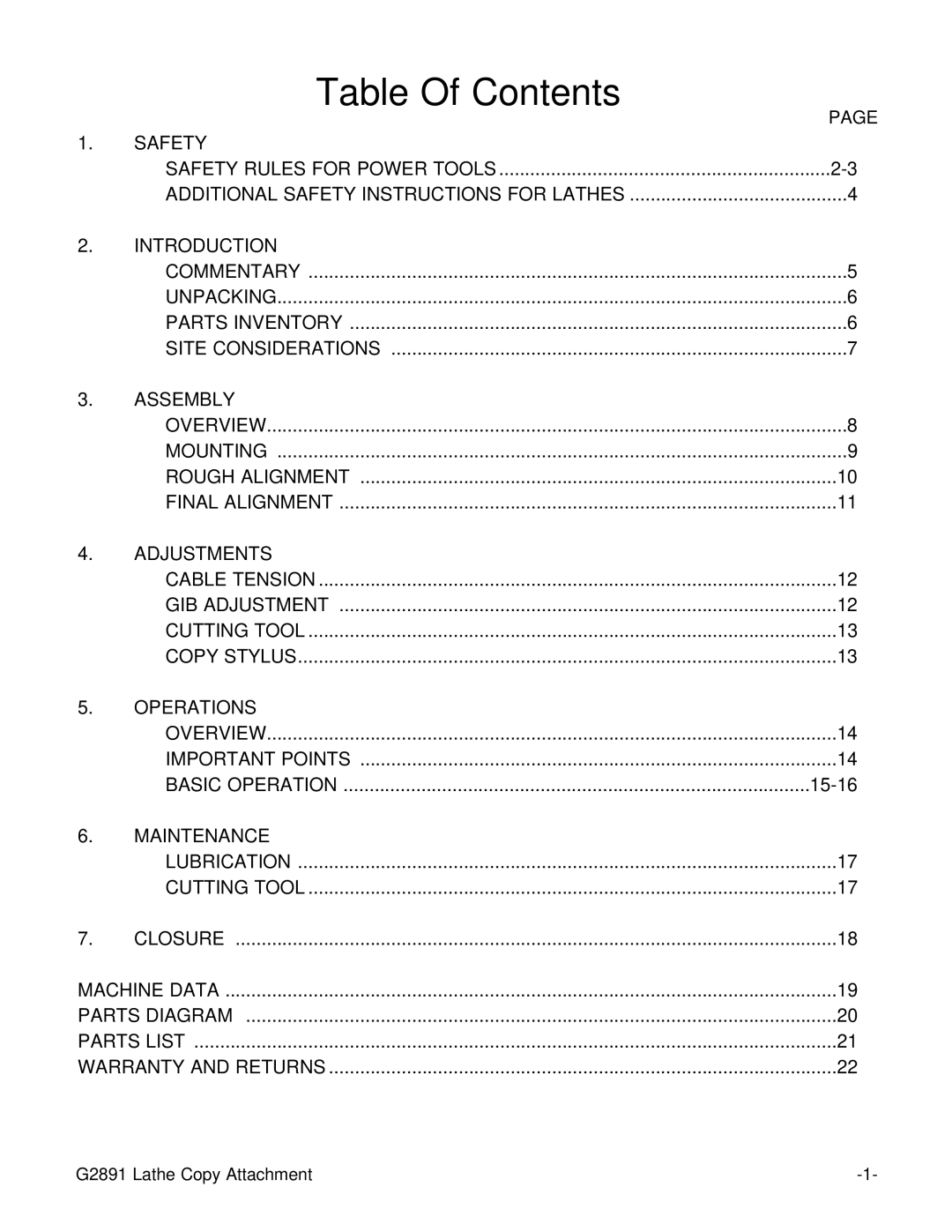 Grizzly G2891 instruction manual Table Of Contents 