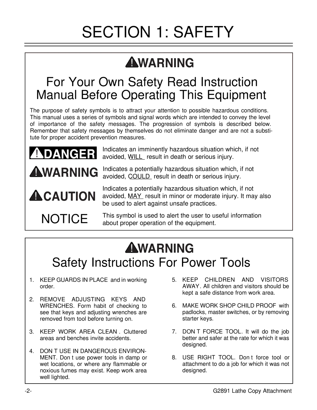 Grizzly G2891 instruction manual Safety Instructions For Power Tools 