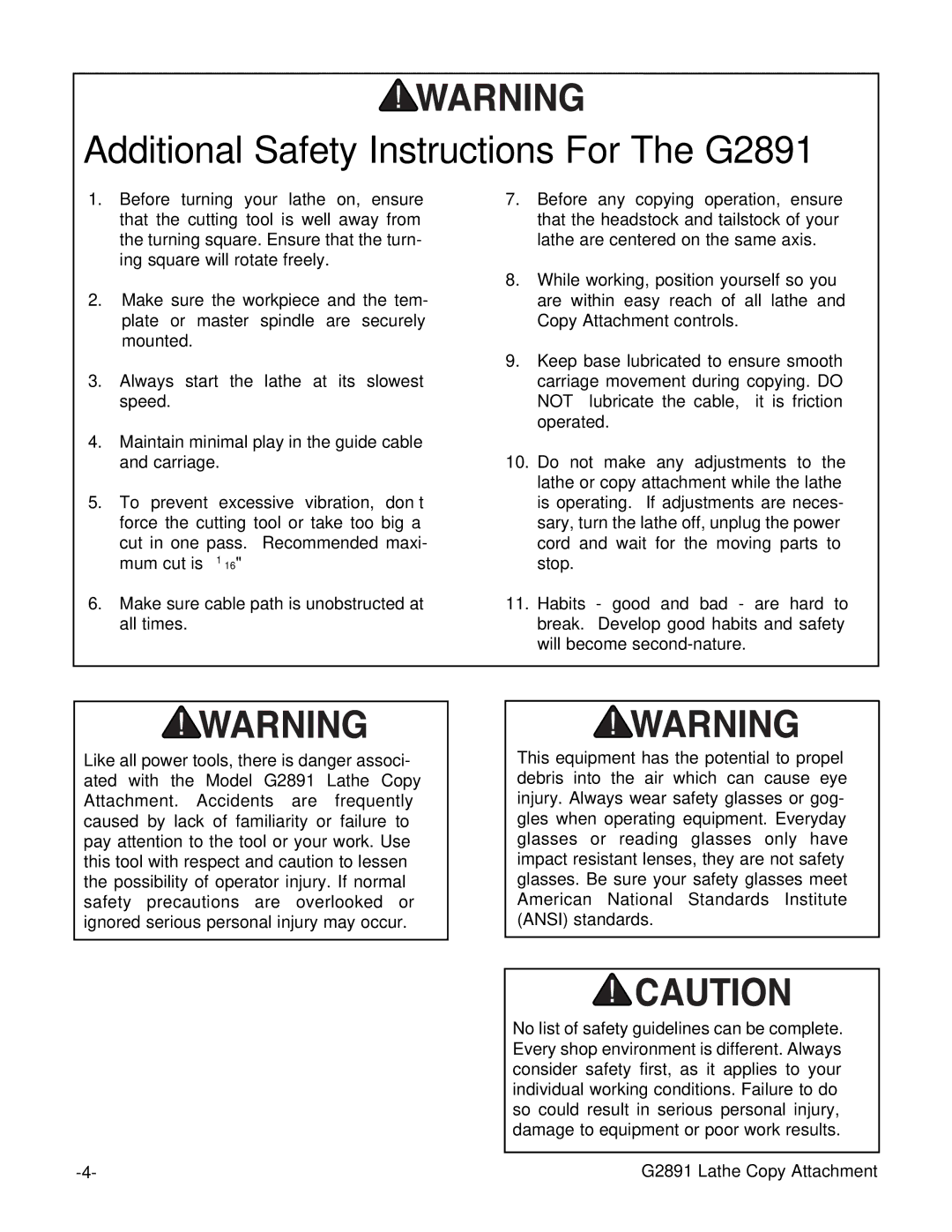 Grizzly instruction manual Additional Safety Instructions For The G2891 