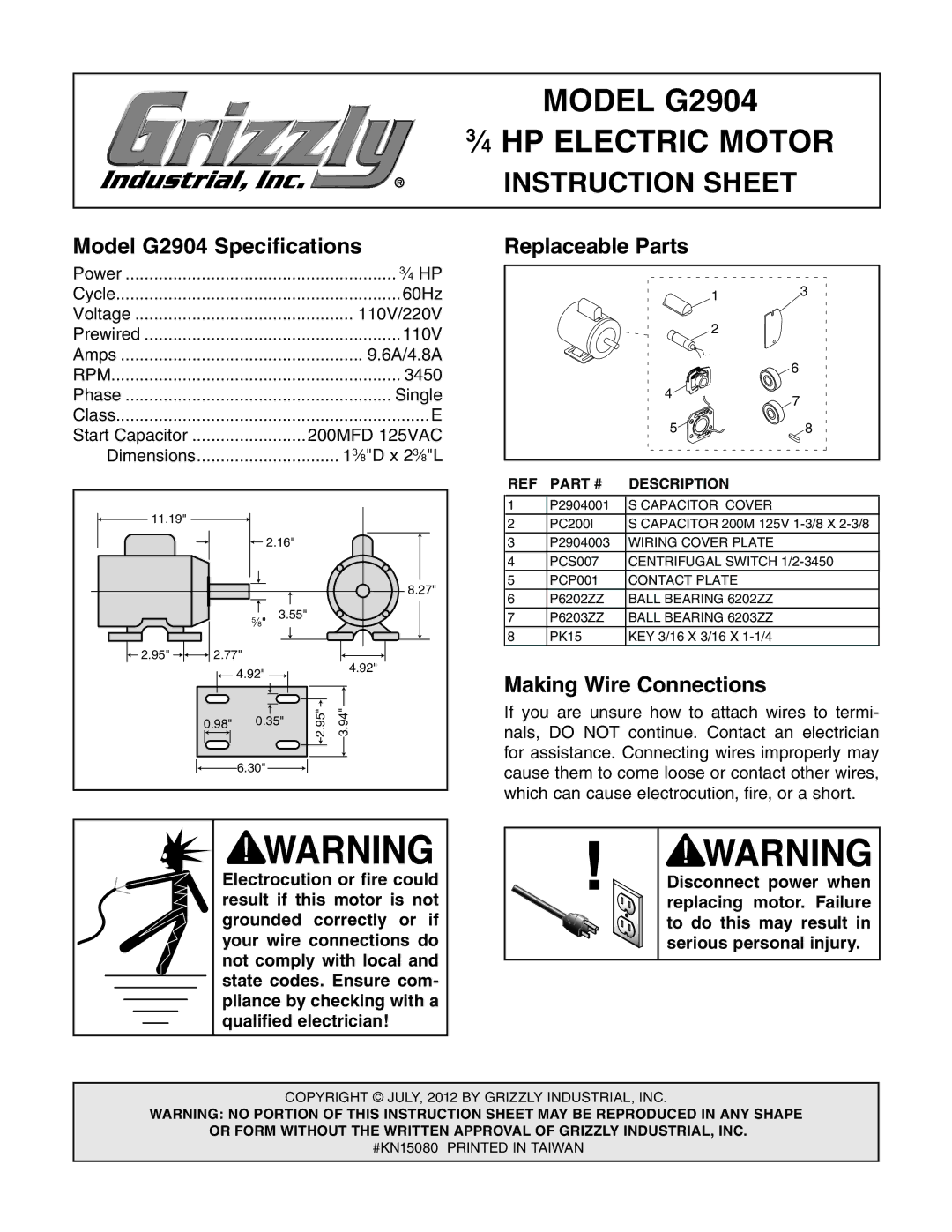 Grizzly instruction sheet Model G2904 Specifications Replaceable Parts, Making Wire Connections 