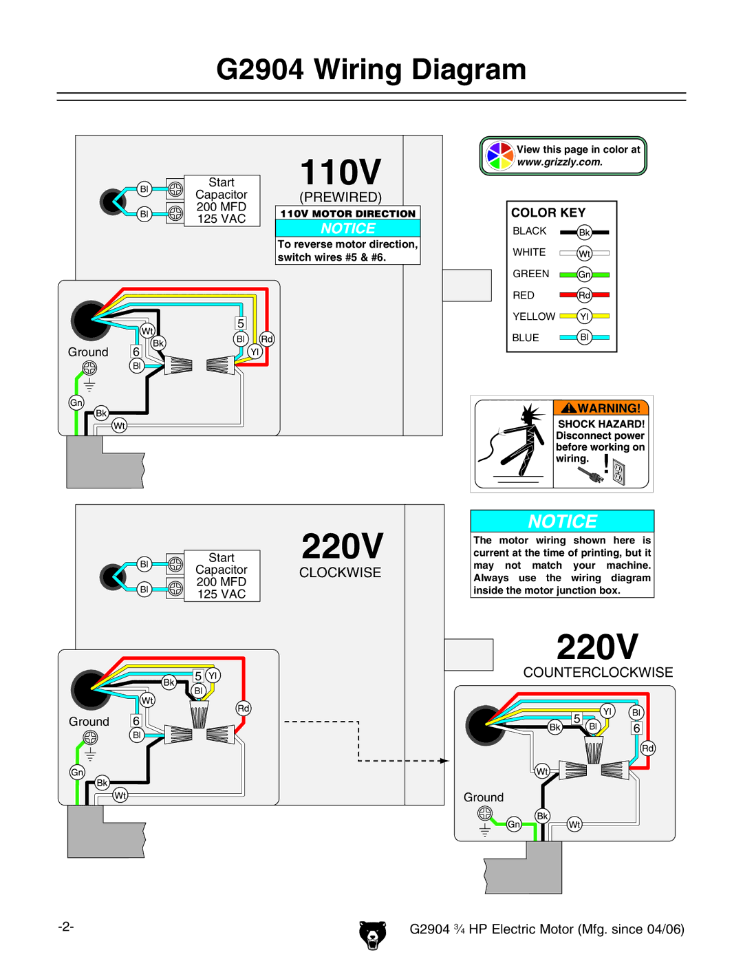 Grizzly G2904 instruction sheet Prewired, Clockwise, Counterclockwise 