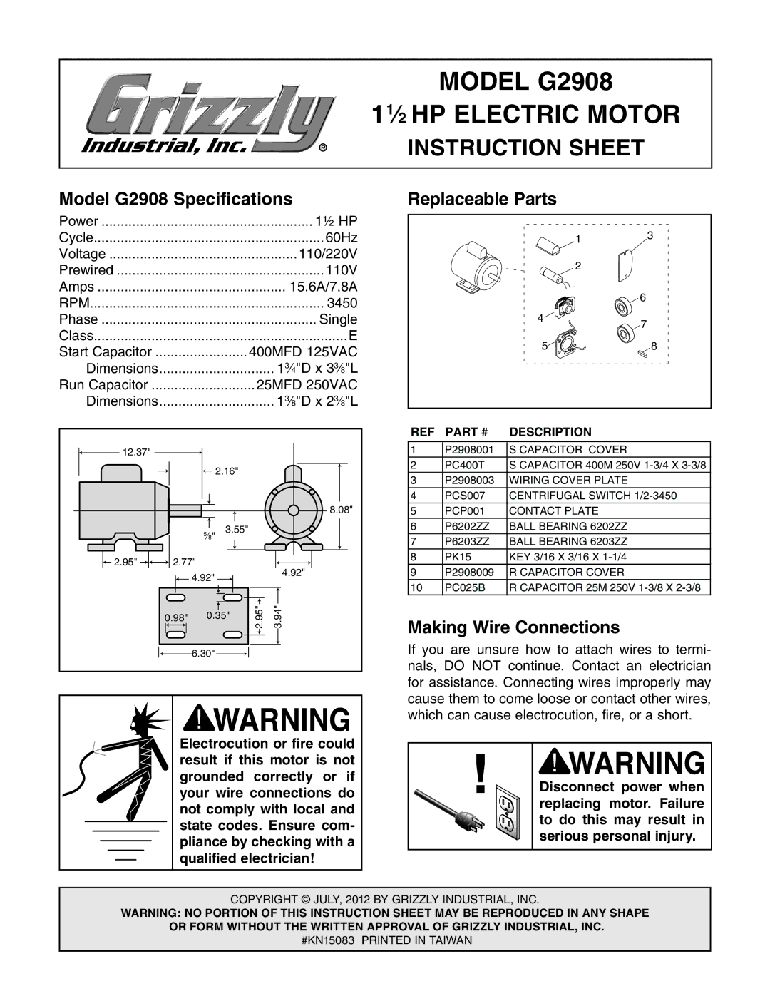 Grizzly instruction sheet Model G2908 Specifications Replaceable Parts, Making Wire Connections 