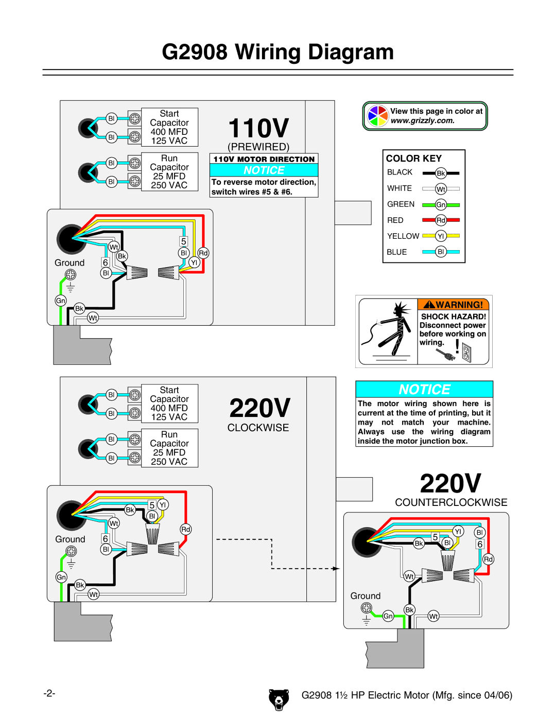 Grizzly G2908 instruction sheet Prewired, Clockwise, Counterclockwise 