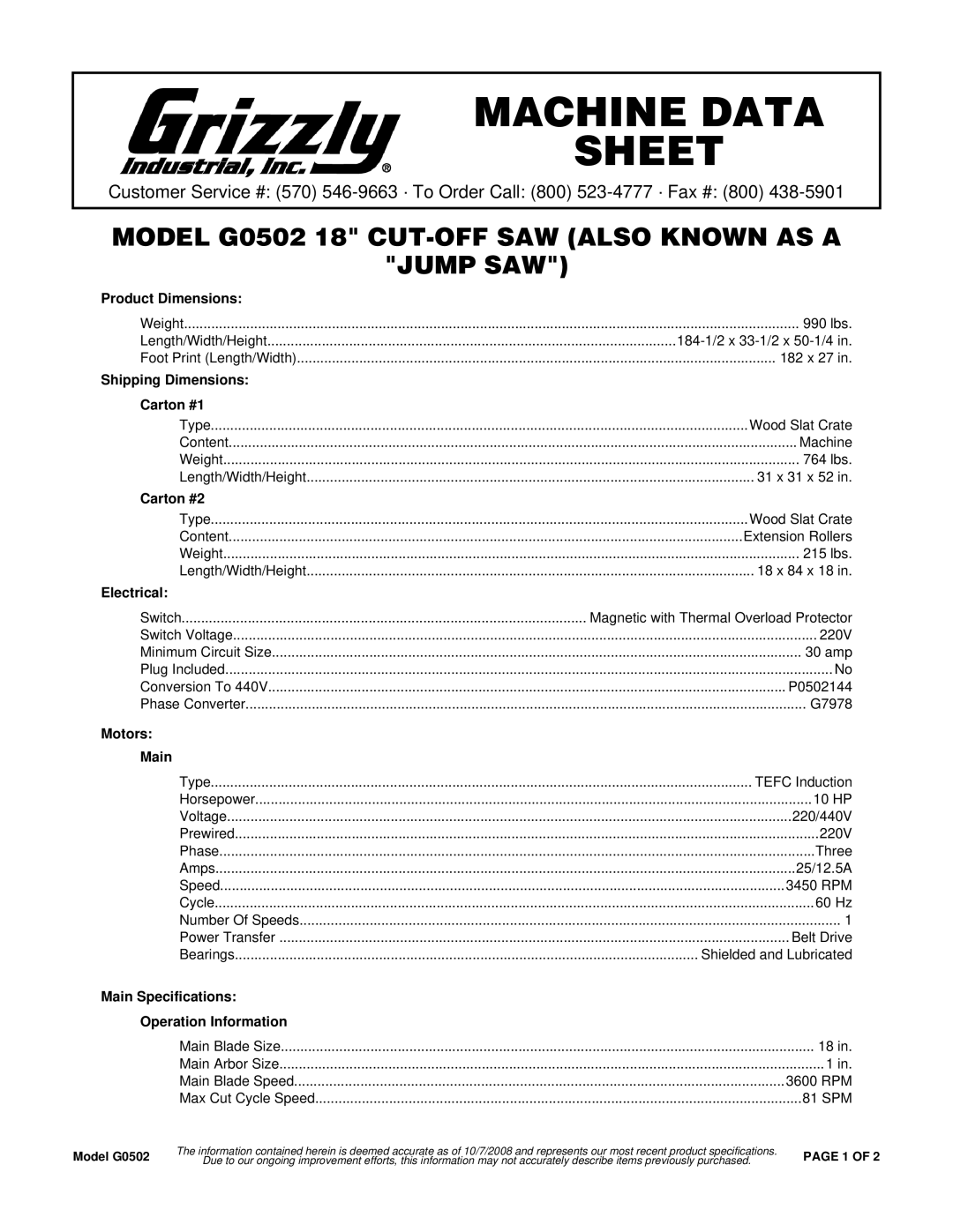 Grizzly G3155, G3104 specifications Product Dimensions, Shipping Dimensions Carton #1, Carton #2, Electrical, Motors Main 