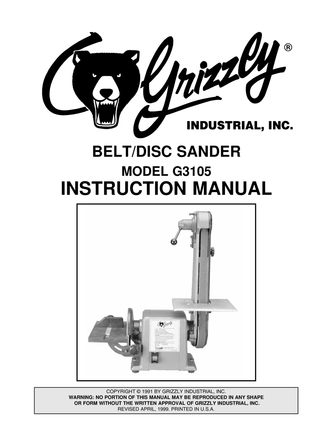 Grizzly G3105 instruction manual BELT/DISC Sander 