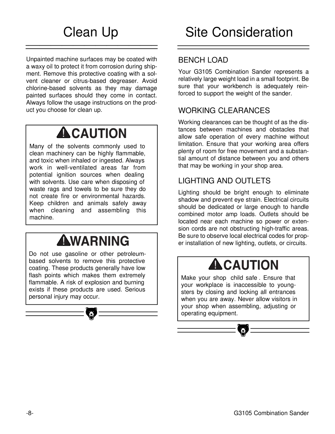 Grizzly G3105 instruction manual Clean Up, Site Consideration 