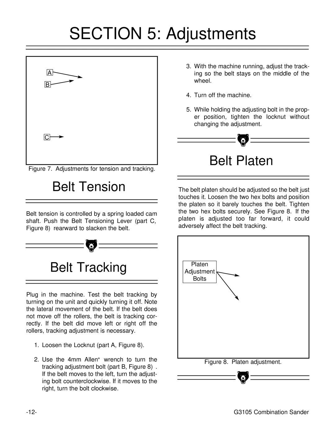 Grizzly G3105 instruction manual Belt Tension, Belt Tracking, Belt Platen 