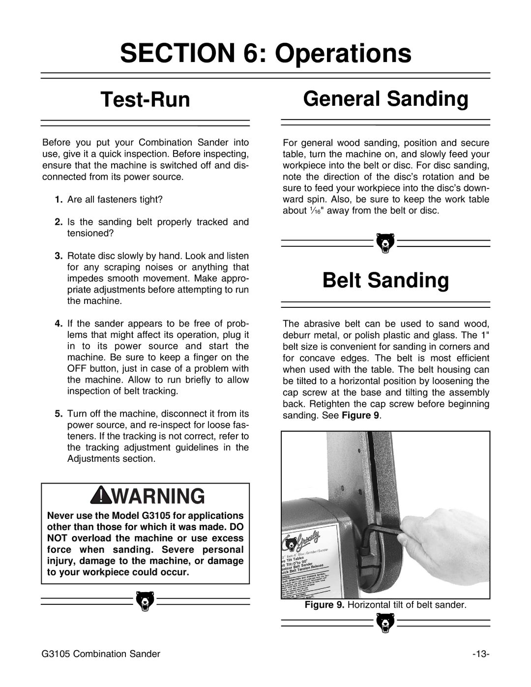 Grizzly G3105 instruction manual Test-Run, General Sanding, Belt Sanding 