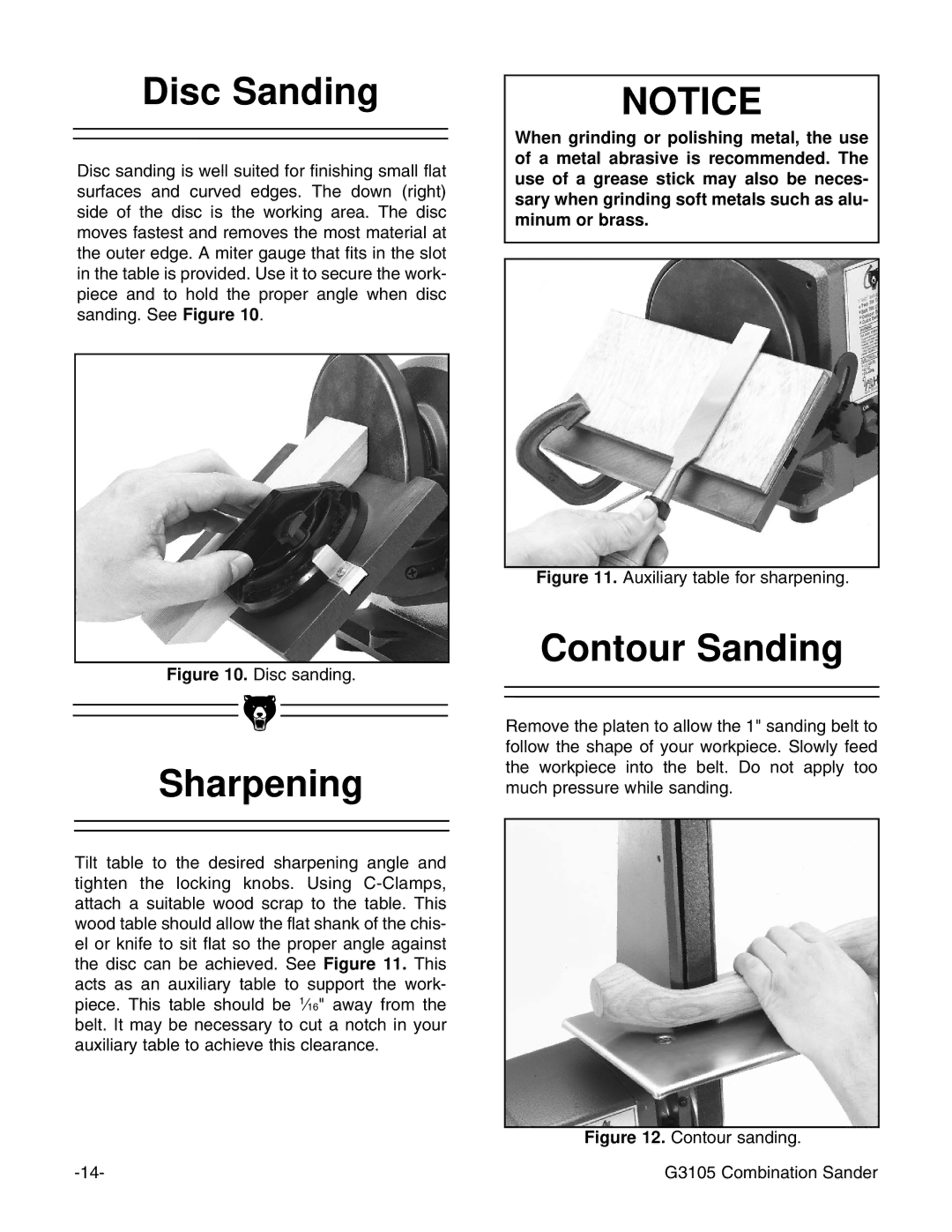 Grizzly G3105 instruction manual Disc Sanding, Sharpening, Contour Sanding 