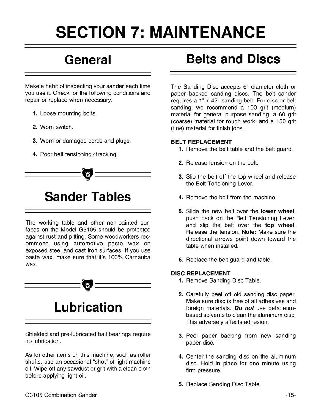 Grizzly G3105 instruction manual Maintenance, General, Sander Tables, Lubrication, Belts and Discs 