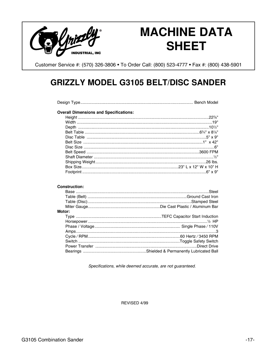 Grizzly G3105 instruction manual Machine Data Sheet 