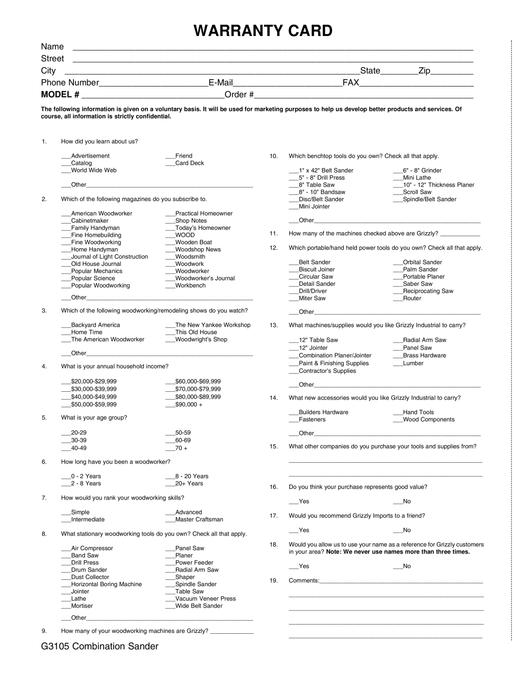 Grizzly G3105 instruction manual Warranty Card 