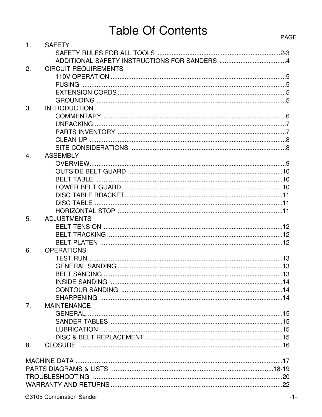 Grizzly G3105 instruction manual Table Of Contents 