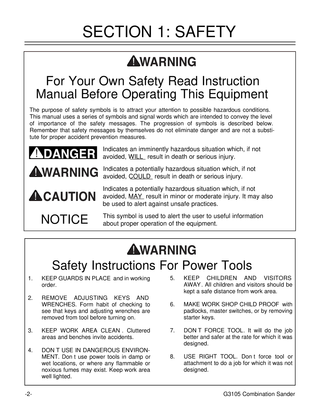 Grizzly G3105 instruction manual Safety Instructions For Power Tools 