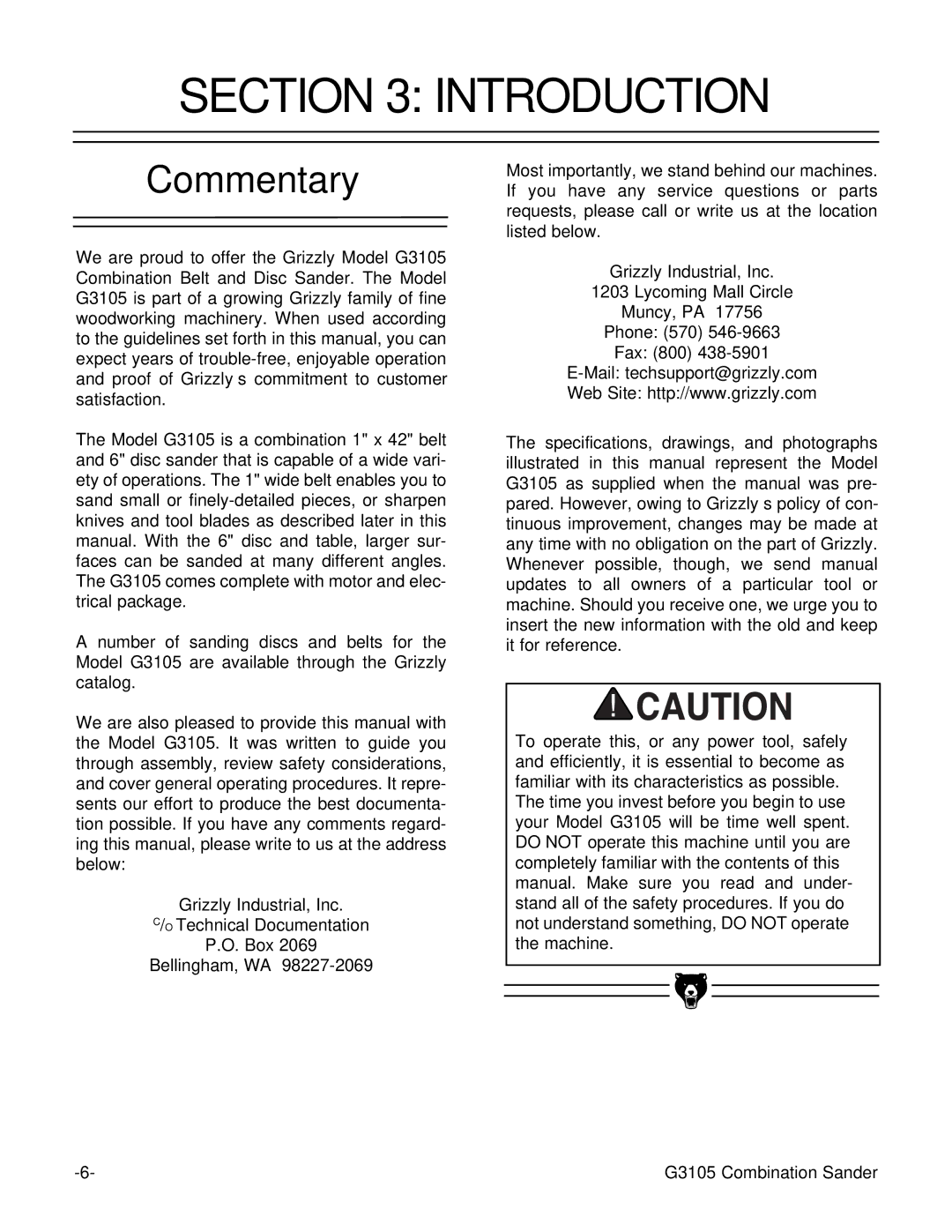 Grizzly G3105 instruction manual Introduction, Commentary 