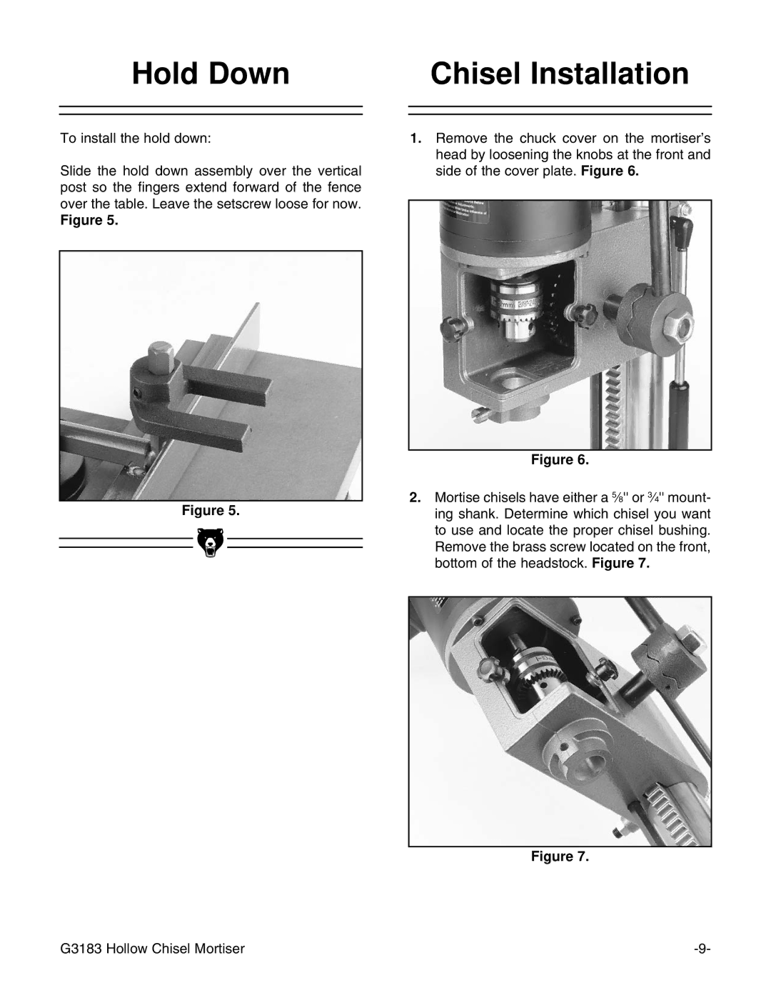 Grizzly G3183 instruction manual Hold Down Chisel Installation 