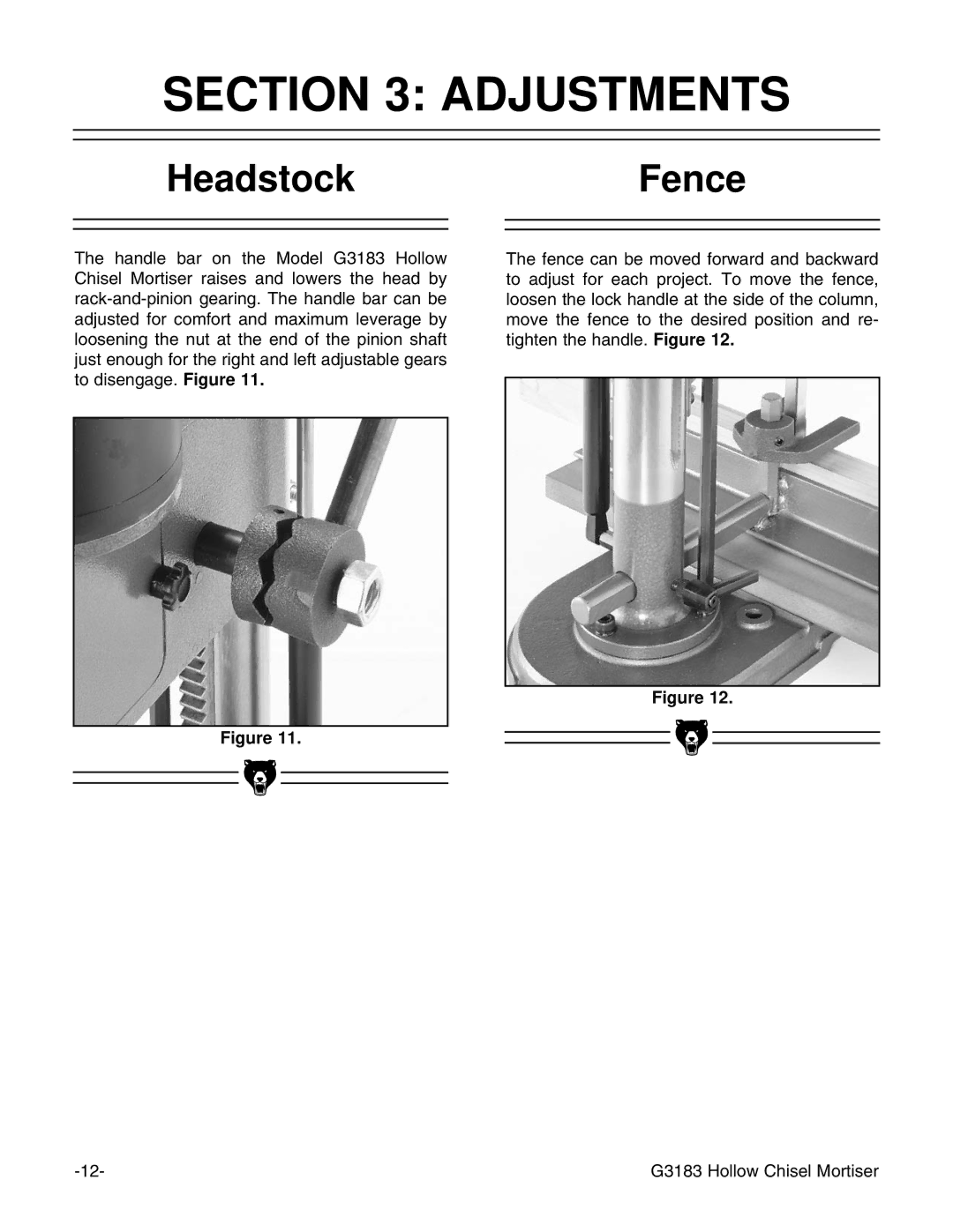 Grizzly G3183 instruction manual Adjustments, HeadstockFence 