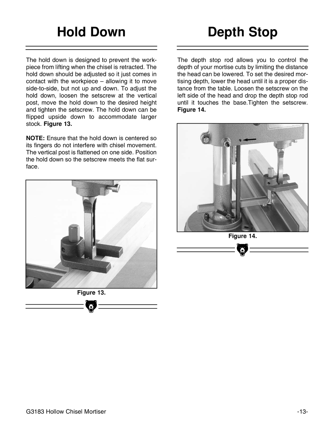 Grizzly G3183 instruction manual Hold Down Depth Stop 