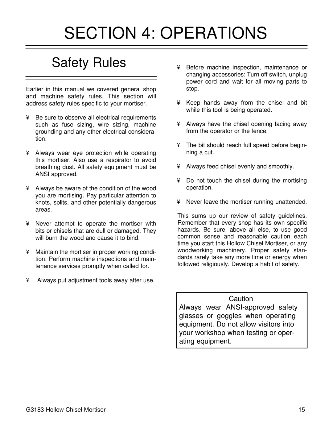 Grizzly G3183 instruction manual Operations, Safety Rules 