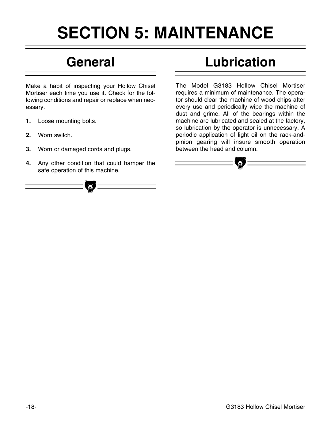 Grizzly G3183 instruction manual Maintenance, GeneralLubrication 