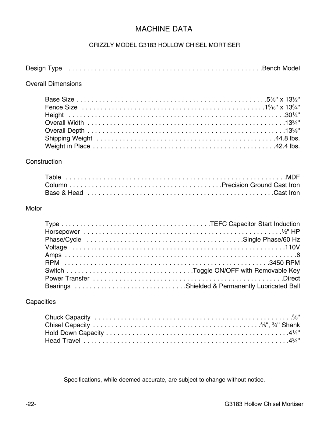 Grizzly G3183 instruction manual Machine Data 