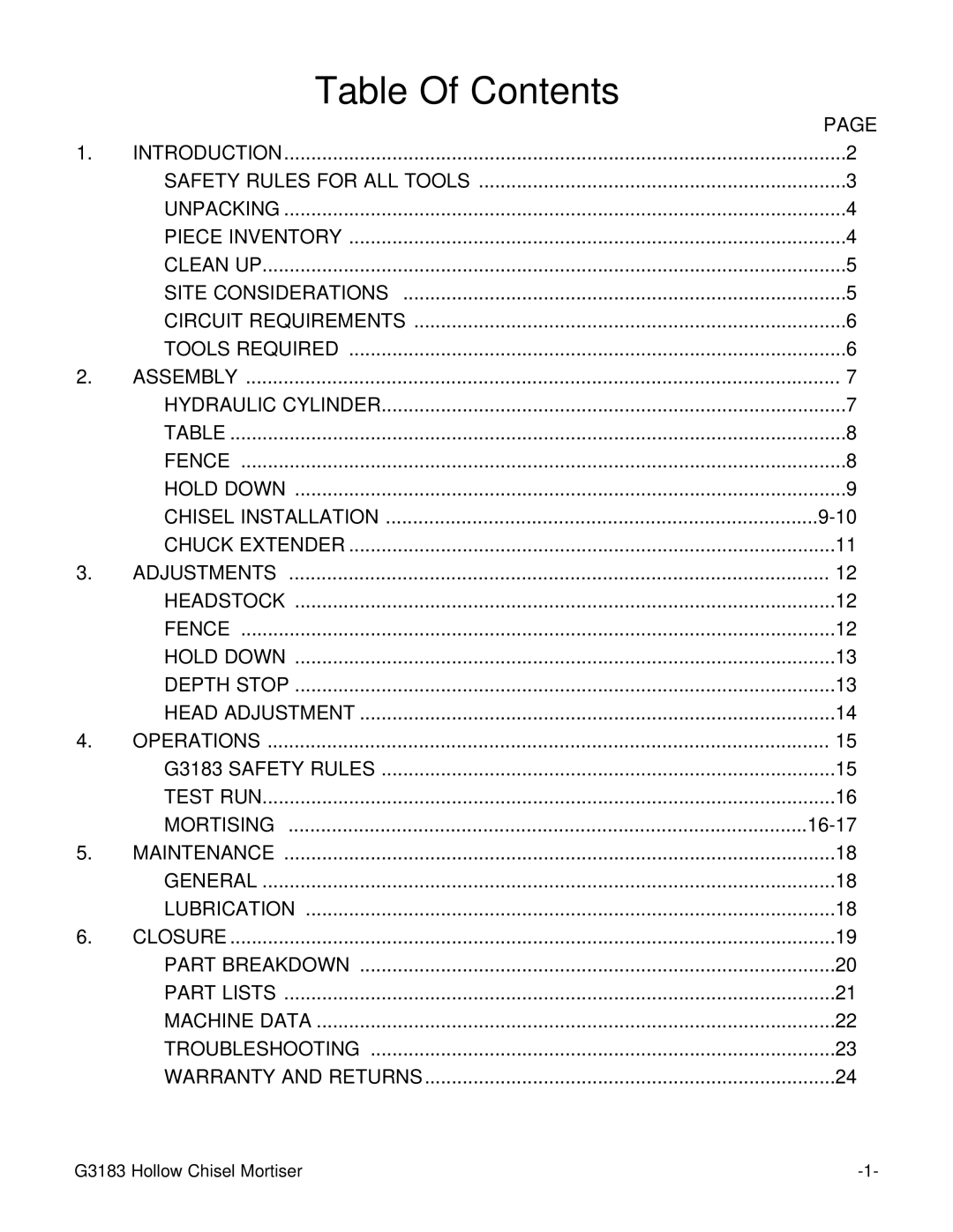 Grizzly G3183 instruction manual Table Of Contents 