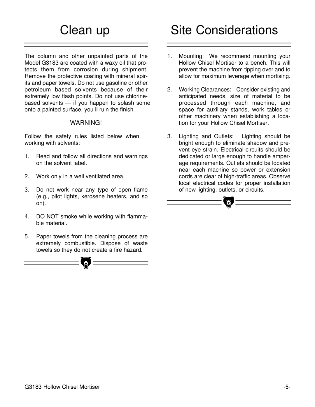 Grizzly G3183 instruction manual Clean up Site Considerations 