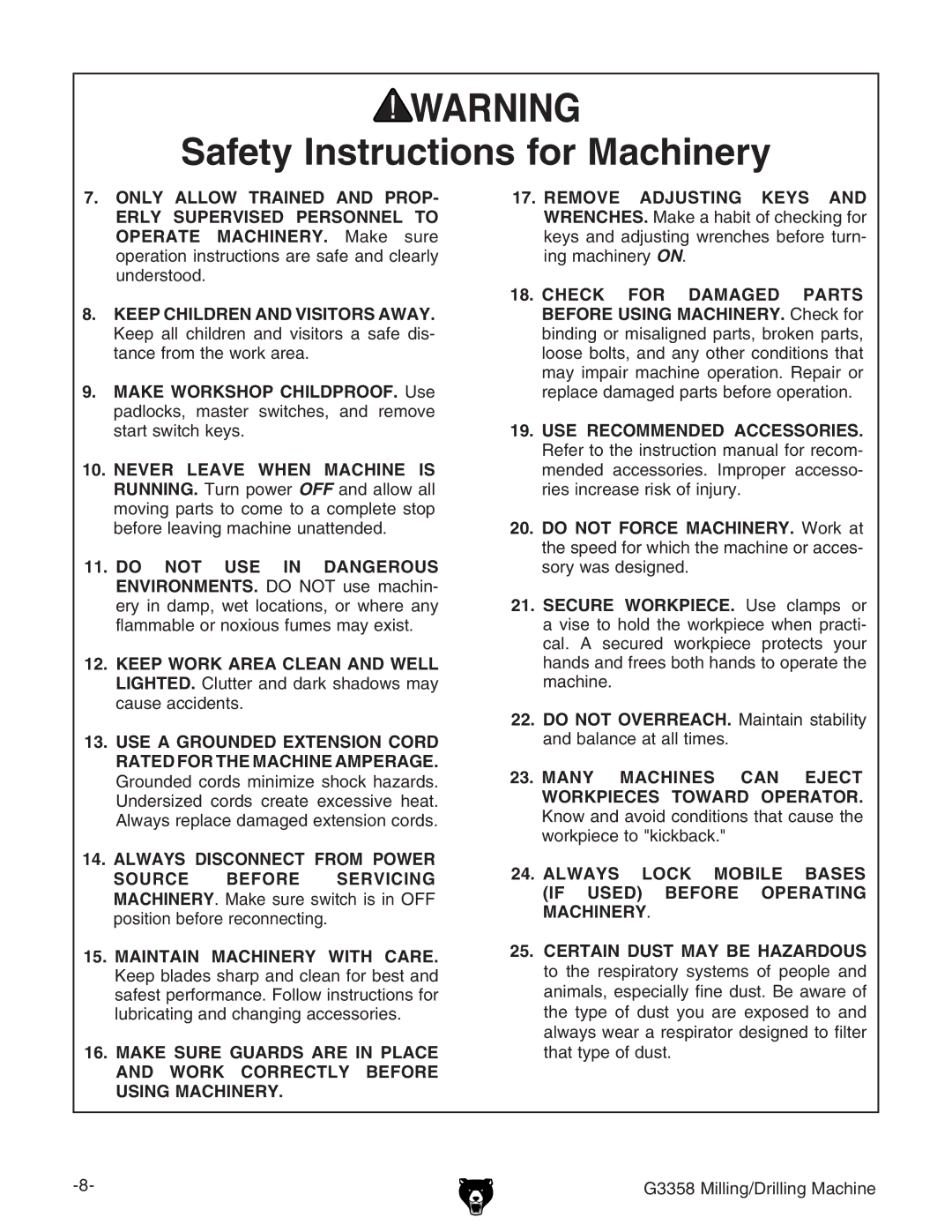 Grizzly G3358 owner manual 3AFETYYNSTRUCTIONSSFORR-ACHINERY 