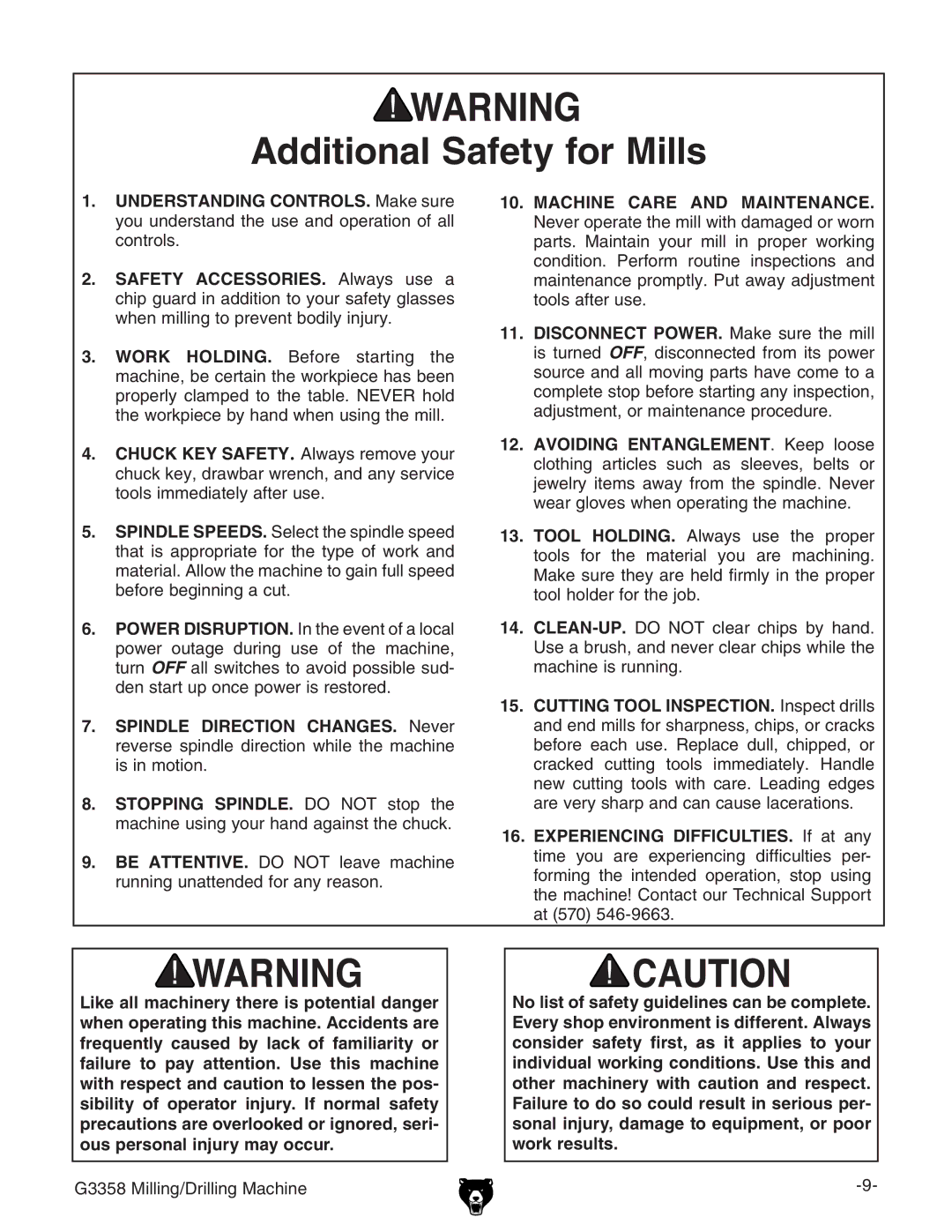 Grizzly G3358 owner manual Additional Safety for Mills, Machine Care and Maintenance 