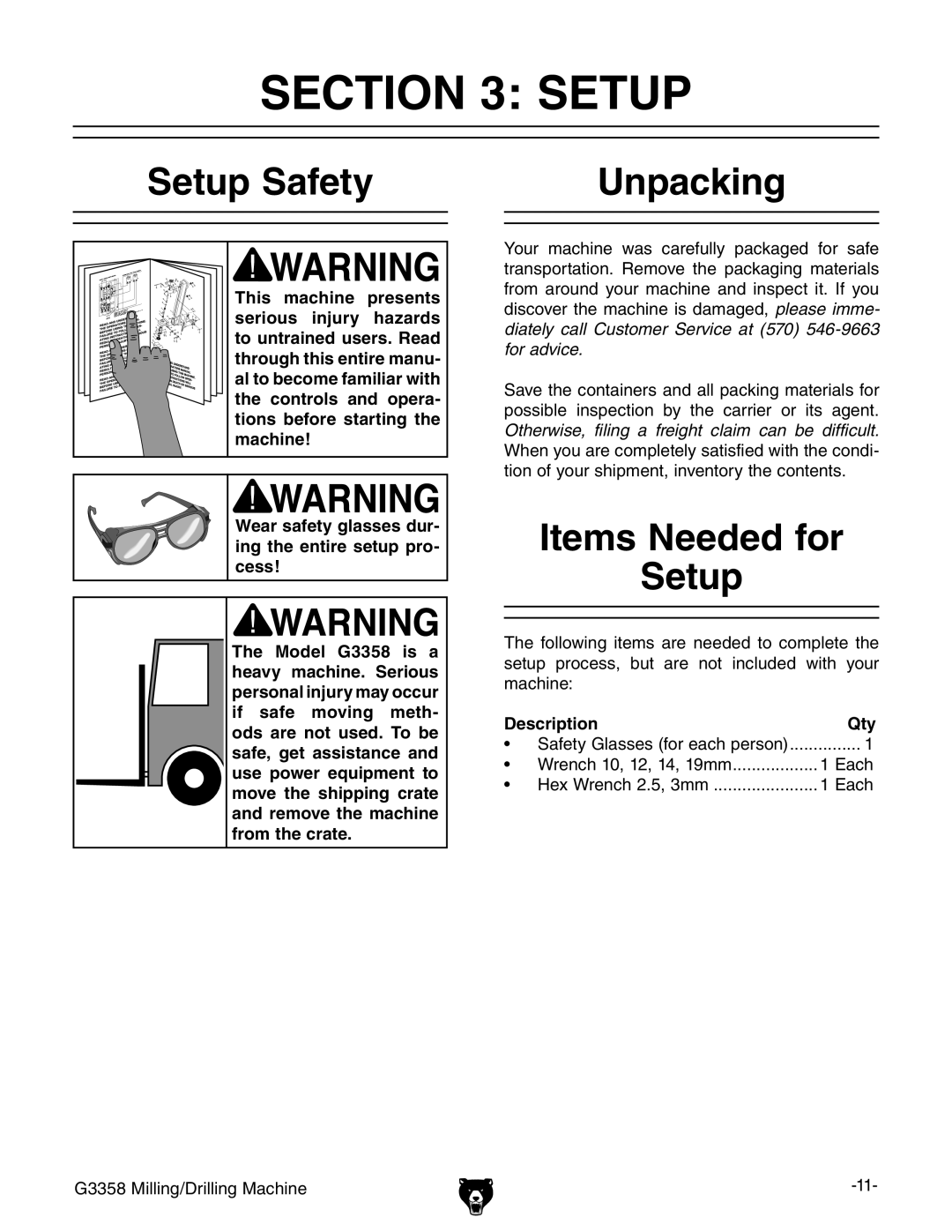 Grizzly G3358 owner manual Setup Safety Unpacking, Items Needed for Setup, Description Qty 