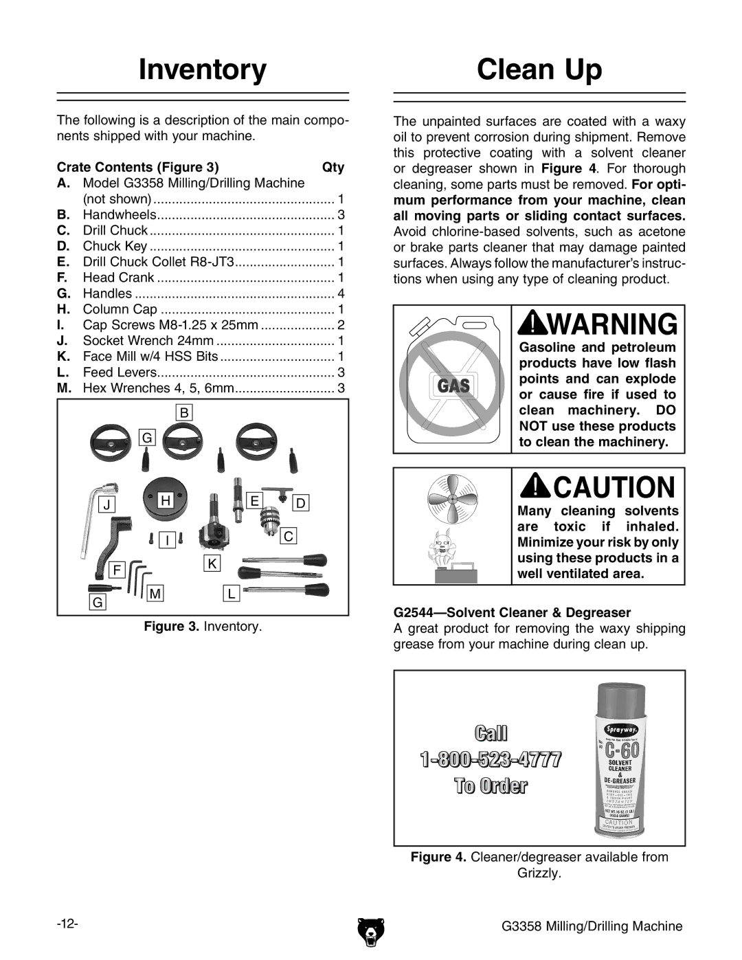 Grizzly G3358 owner manual Inventory Clean Up, Crate Contents Figure Qty 