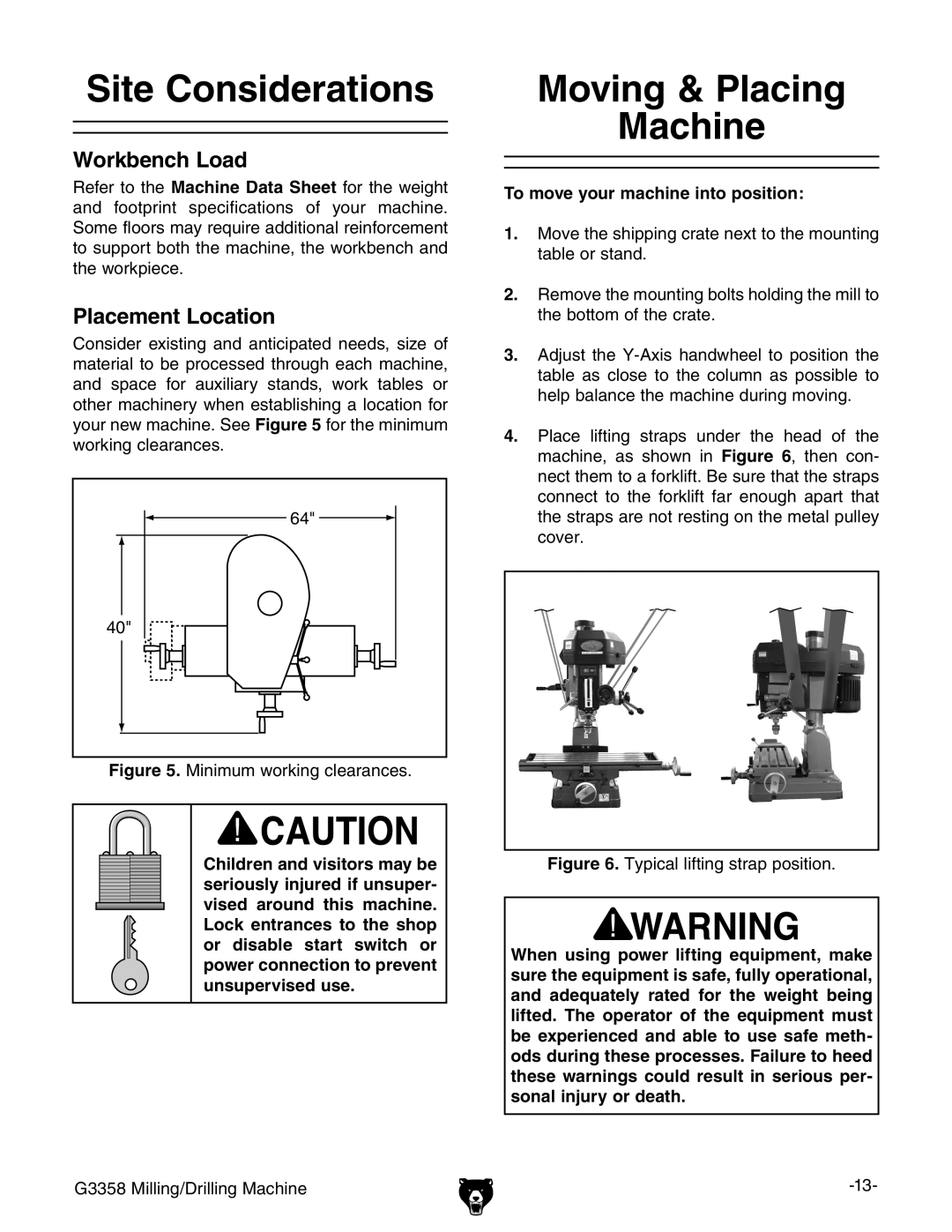 Grizzly G3358 owner manual Site Considerations, Moving & Placing Machine, Workbench Load, Placement Location 