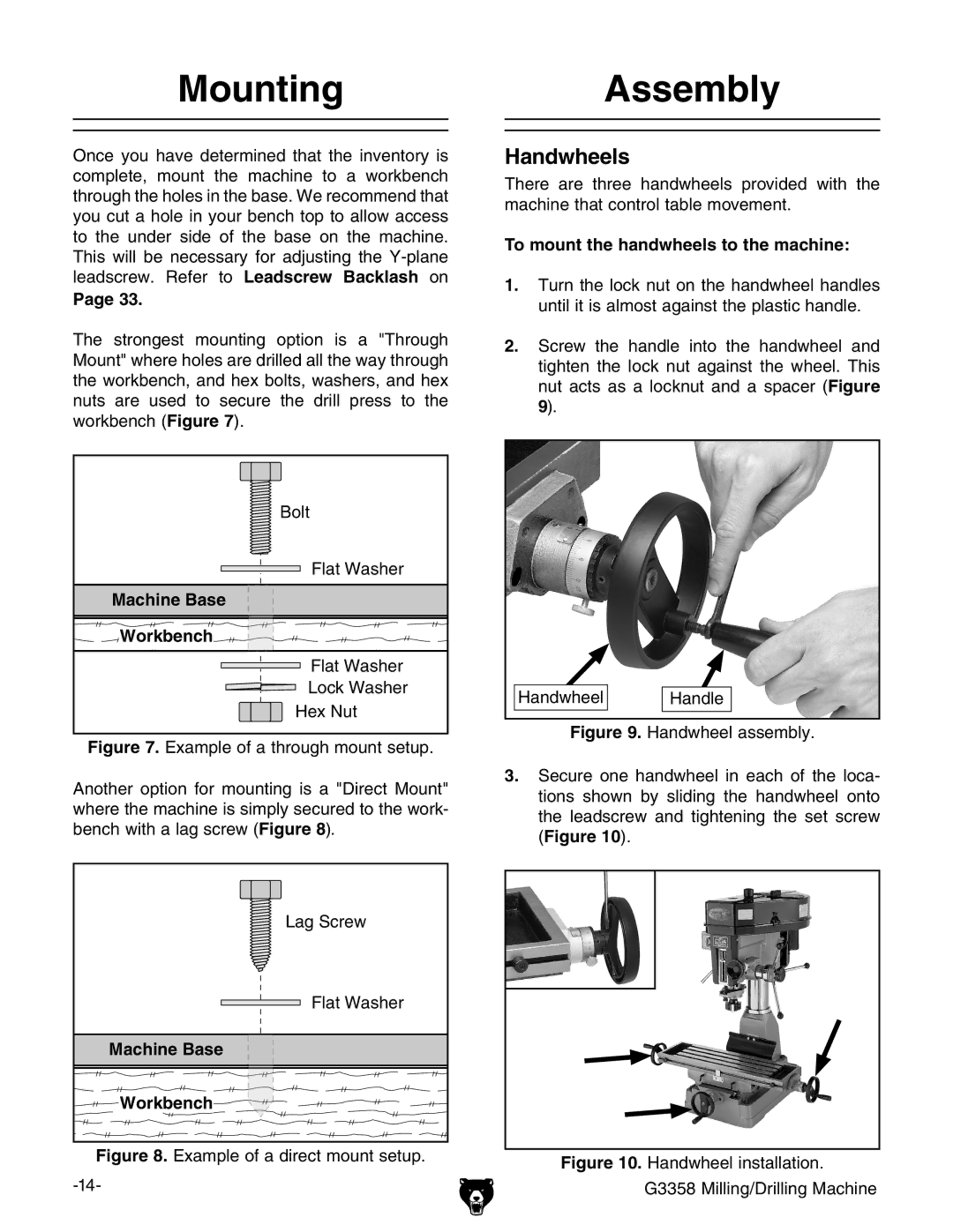 Grizzly G3358 owner manual MountingAssembly, Handwheels, To mount the handwheels to the machine 