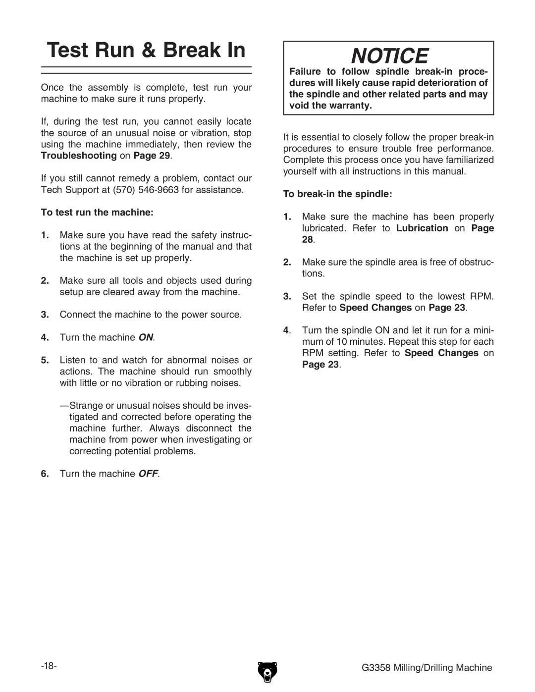 Grizzly G3358 owner manual Test Run & Break, To test run the machine, To break-in the spindle 