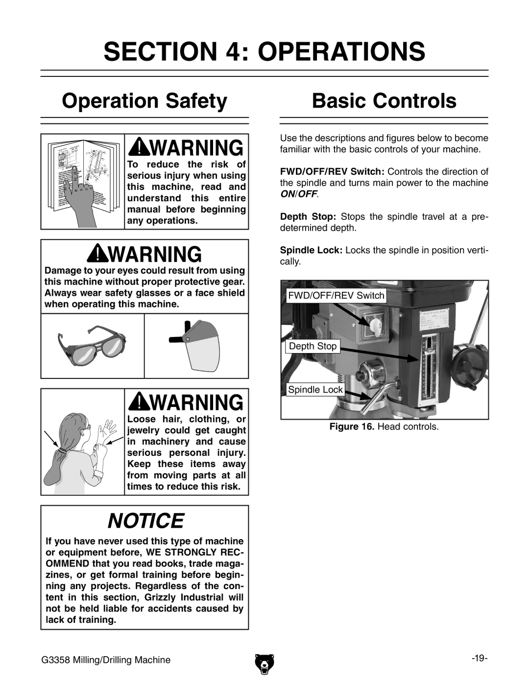 Grizzly G3358 owner manual Operations, Operation Safety Basic Controls 